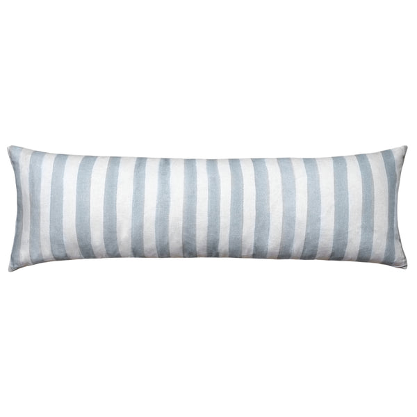 The Urban Road Ziggy Striped Blue Long Lumbar Linen Cushion with Feather Insert (90x30cm) features light blue and white vertical stripes, adding a Scandinavian touch, and is shown against a plain white background.