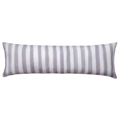 The Urban Road Ziggy Striped Lilac Long Lumbar Linen Cushion (90x30cm) features vertical light gray and white stripes, ideal for adding a modern boho touch. Shown against a white background.