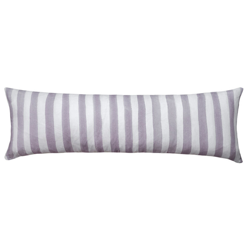 The Urban Road Ziggy Striped Lilac Long Lumbar Linen Cushion (90x30cm) features vertical light gray and white stripes, ideal for adding a modern boho touch. Shown against a white background.
