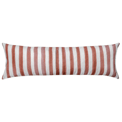 The Urban Road Ziggy Striped Terracotta Long Lumbar Linen Cushion (90x30cm) features bold terracotta and white stripes, adding a modern touch to your home décor.