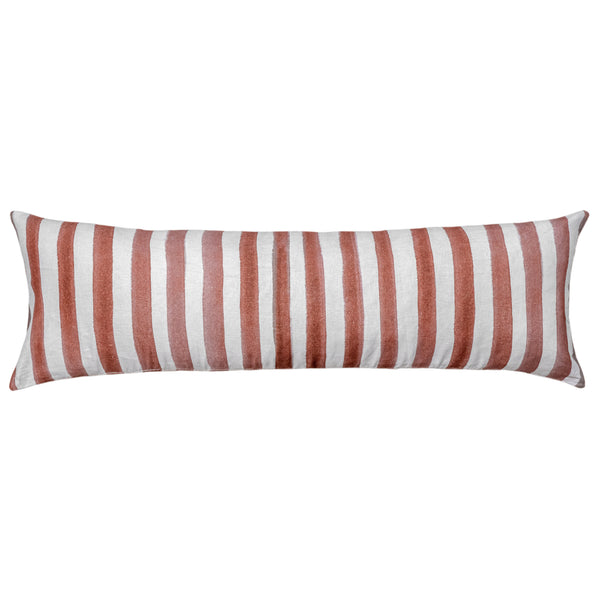 The Urban Road Ziggy Striped Terracotta Long Lumbar Linen Cushion (90x30cm) features bold terracotta and white stripes, adding a modern touch to your home décor.