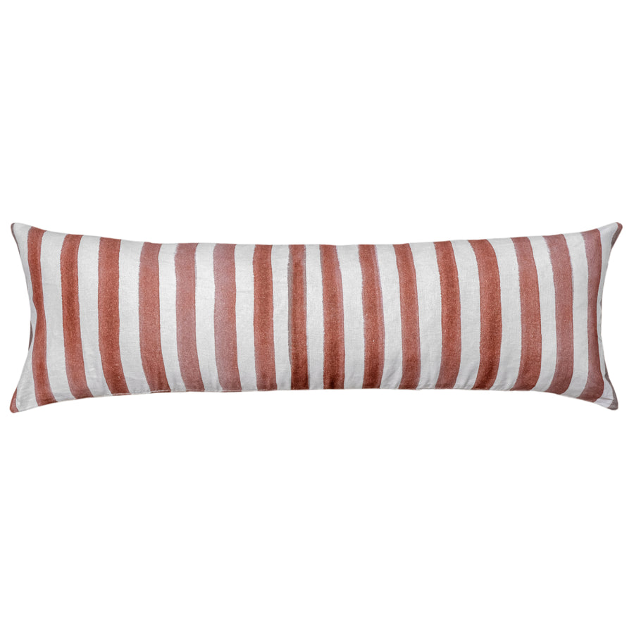 The Urban Road Ziggy Striped Terracotta Long Lumbar Linen Cushion (90x30cm) features bold terracotta and white stripes, adding a modern touch to your home décor.