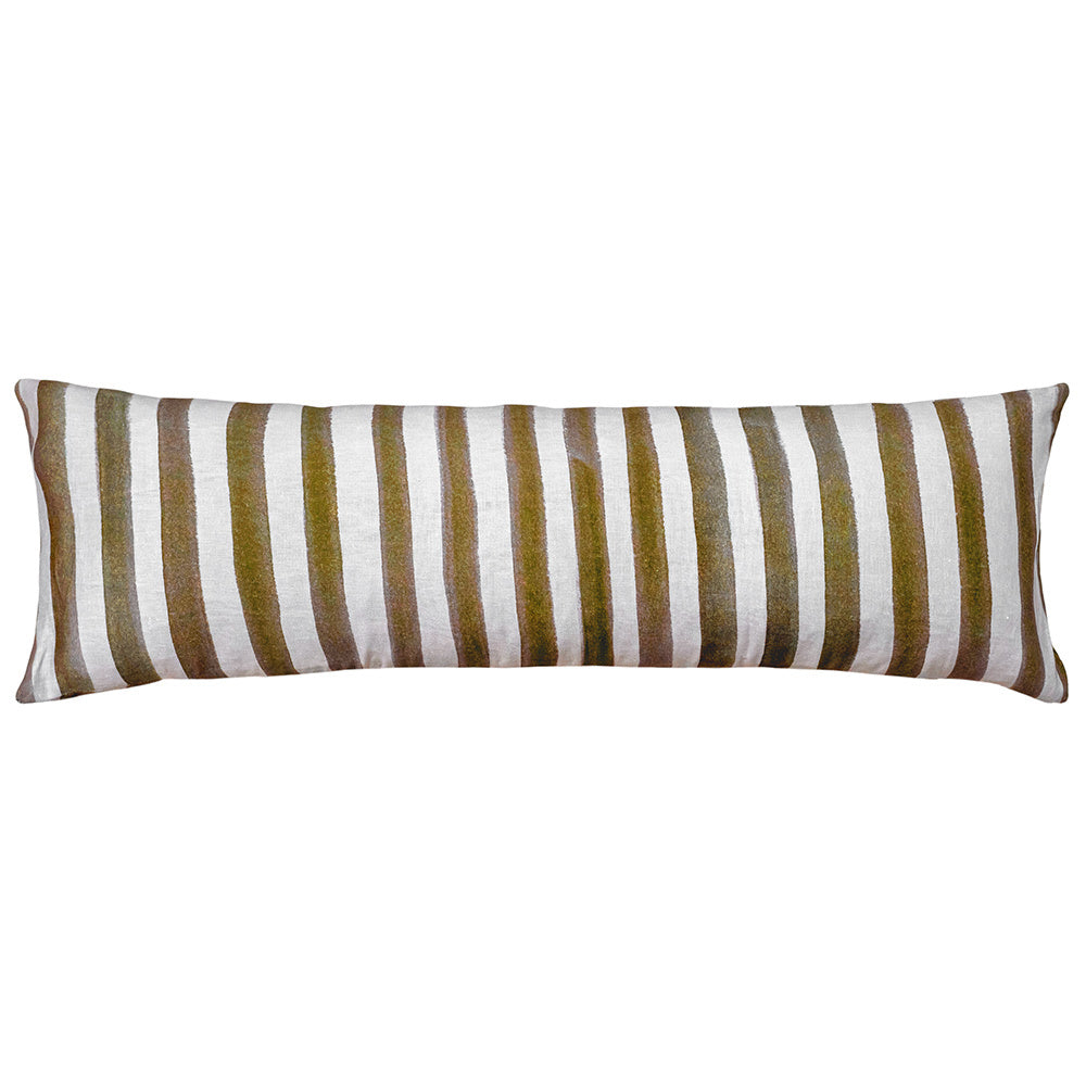 The Urban Road Ziggy Striped Olive Green Long Lumbar Linen Cushion (90x30cm) features a Scandinavian style with vertical olive green, brown, and white stripes on a plain background.