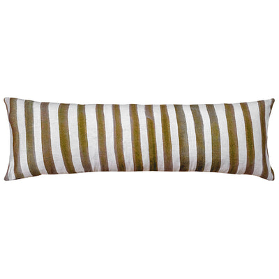 The Urban Road Ziggy Striped Olive Green Long Lumbar Linen Cushion (90x30cm) features a Scandinavian style with vertical olive green, brown, and white stripes on a plain background.