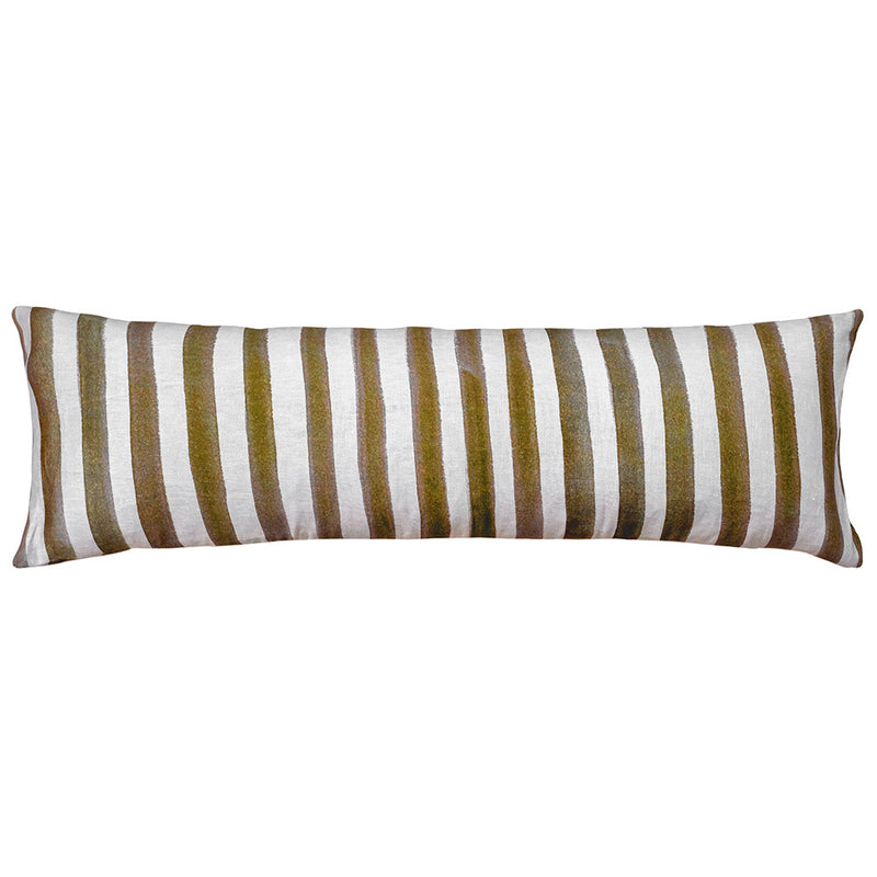 The Urban Road Ziggy Striped Olive Green Long Lumbar Linen Cushion (90x30cm) features a Scandinavian style with vertical olive green, brown, and white stripes on a plain background.