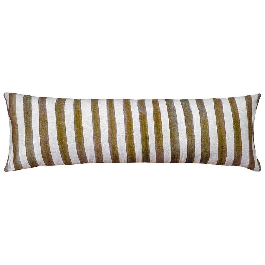 The Urban Road Ziggy Striped Olive Green Long Lumbar Linen Cushion (90x30cm) features a Scandinavian style with vertical olive green, brown, and white stripes on a plain background.
