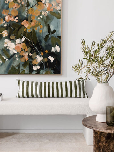 Ziggy Striped Khaki Green Long Lumbar Linen Cushion - 90X30cm | Lifestyle