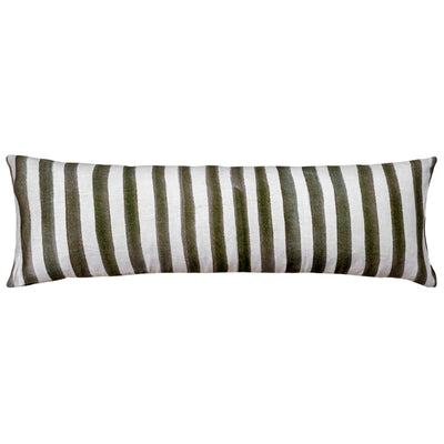 The Urban Road Ziggy Striped Khaki Green Long Lumbar Linen Cushion (90x30cm) features vertical stripes on linen, ideal for adding a modern boho Scandinavian touch to your space.