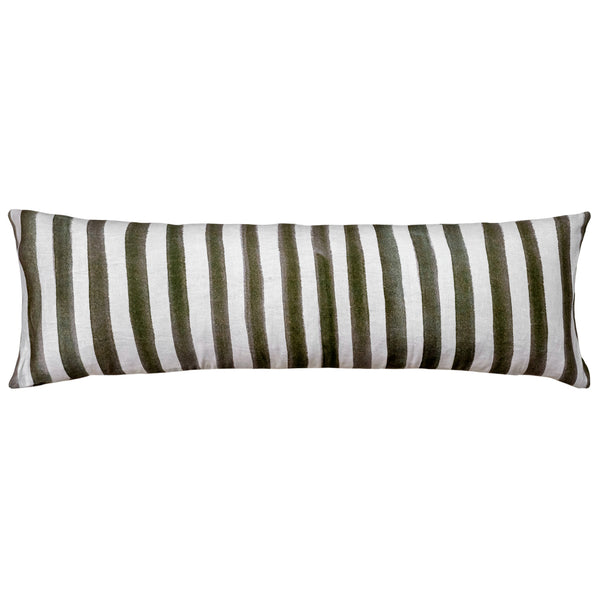 The Urban Road Ziggy Striped Khaki Green Long Lumbar Linen Cushion (90x30cm) features vertical stripes on linen, ideal for adding a modern boho Scandinavian touch to your space.