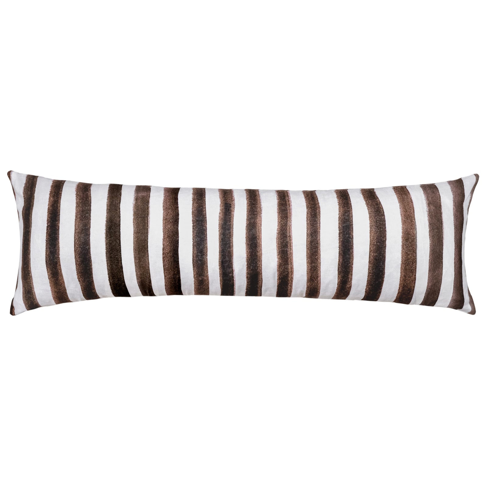 The Urban Road Ziggy Striped Chocolate Long Lumbar Linen Cushion (90x30cm) features vertical chocolate brown and black stripes on white, adding modern boho style to any space, shown here against a plain white background.