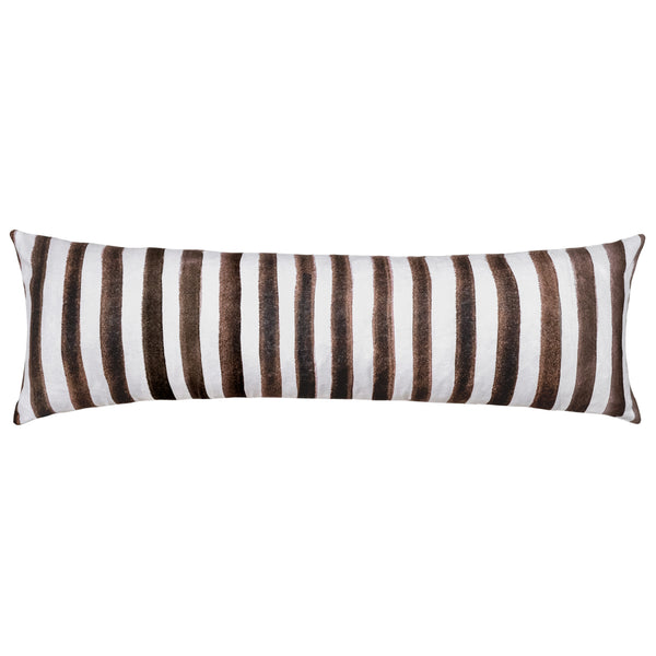 The Urban Road Ziggy Striped Chocolate Long Lumbar Linen Cushion (90x30cm) features vertical chocolate brown and black stripes on white, adding modern boho style to any space, shown here against a plain white background.