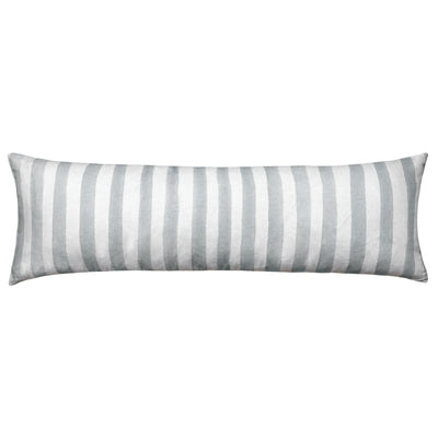 The Urban Road Ziggy Striped Sage Long Lumbar Linen Cushion (90x30cm) features vertical light gray and white stripes, bringing a Scandinavian touch to your decor.