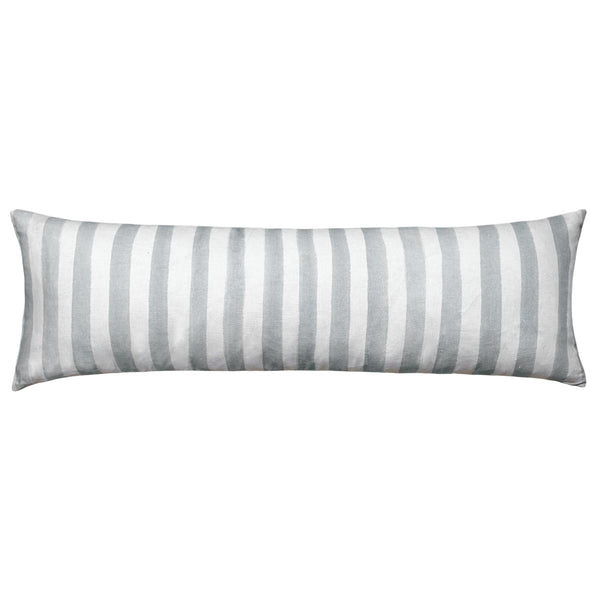 The Urban Road Ziggy Striped Sage Long Lumbar Linen Cushion (90x30cm) features vertical light gray and white stripes, bringing a Scandinavian touch to your decor.