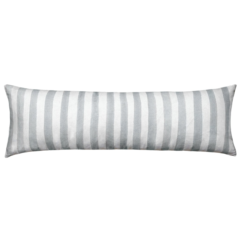 The Urban Road Ziggy Striped Sage Long Lumbar Linen Cushion (90x30cm) features vertical light gray and white stripes, bringing a Scandinavian touch to your decor.