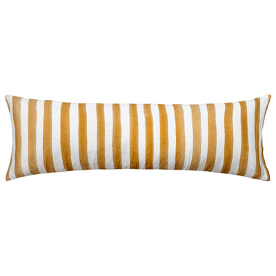 The Urban Road Ziggy Striped Mustard Long Lumbar Linen Cushion (90x30cm) features vertical mustard yellow stripes with white accents on its cover, displayed against a plain white background.
