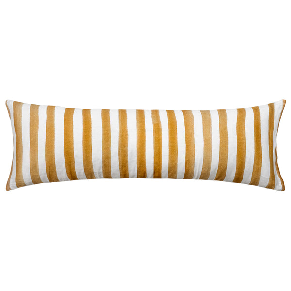 The Urban Road Ziggy Striped Mustard Long Lumbar Linen Cushion (90x30cm) features vertical mustard yellow stripes with white accents on its cover, displayed against a plain white background.