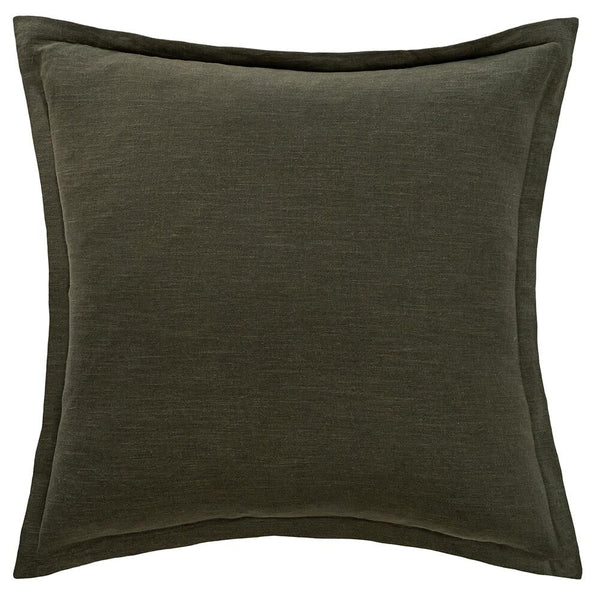 The Blair Khaki Green Linen Cushion by Urban Road measures 50x50cm and features a smooth, solid khaki fabric with a subtle raised border—ideal for adding refined style to your home. Shown against a white background.