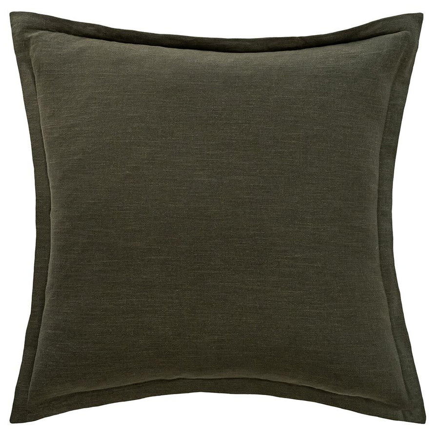 The Blair Khaki Green Linen Cushion by Urban Road measures 50x50cm and features a smooth, solid khaki fabric with a subtle raised border—ideal for adding refined style to your home. Shown against a white background.