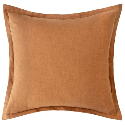 The Urban Road Blair Clay Linen Cushion With Feather Insert (50x50cm) features a soft, solid burnt orange cover with a subtle flange edge for a touch of luxury. Shown against a white background.