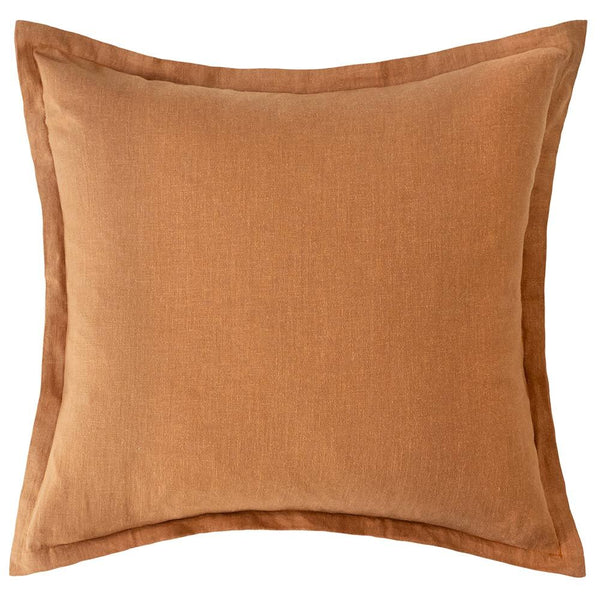 The Urban Road Blair Clay Linen Cushion With Feather Insert (50x50cm) features a soft, solid burnt orange cover with a subtle flange edge for a touch of luxury. Shown against a white background.