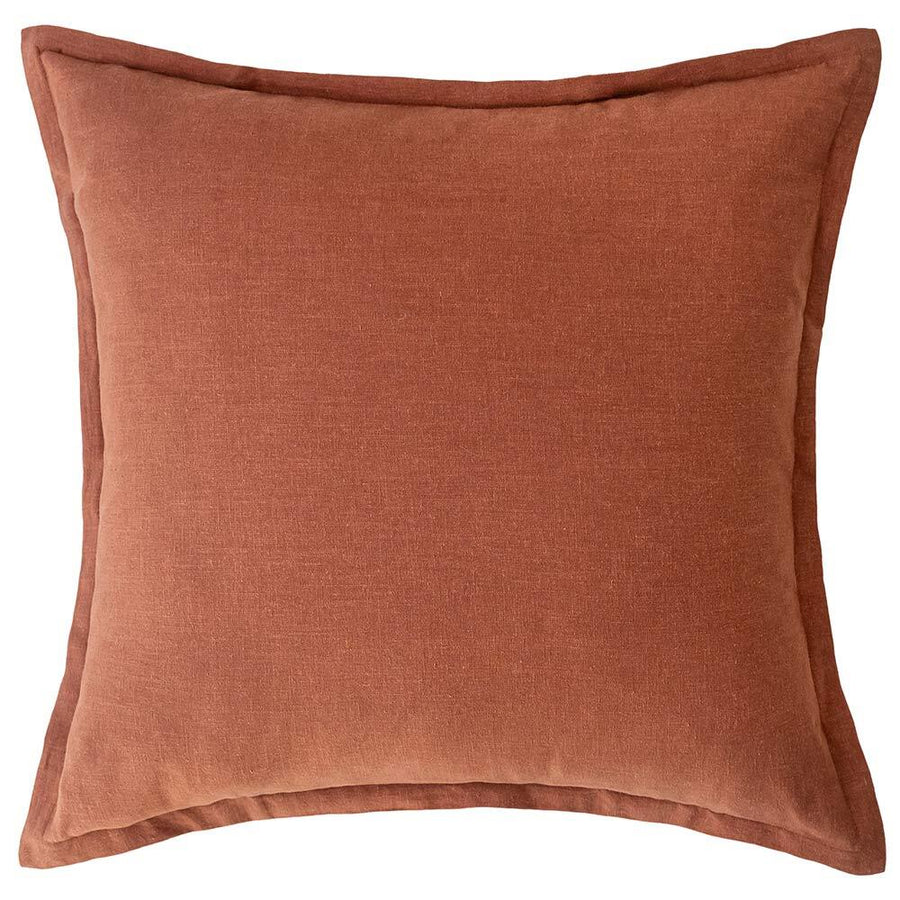 The Blair Terracotta Linen Cushion by Urban Road, measuring 50x50cm, features a simple rust-hued design with a subtle border—ideal for enhancing any home decor. Displayed on a white background.