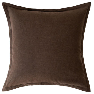 The Blair Chocolate Linen Cushion by Urban Road (50x50cm) features a simple design with a subtle border seam, adding tactile comfort and style to any space. Shown here in brown linen against a white background.