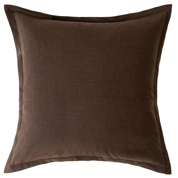 The Blair Chocolate Linen Cushion by Urban Road (50x50cm) features a simple design with a subtle border seam, adding tactile comfort and style to any space. Shown here in brown linen against a white background.