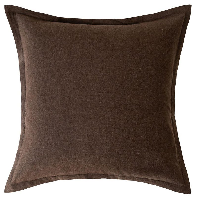 The Blair Chocolate Linen Cushion by Urban Road (50x50cm) features a simple design with a subtle border seam, adding tactile comfort and style to any space. Shown here in brown linen against a white background.