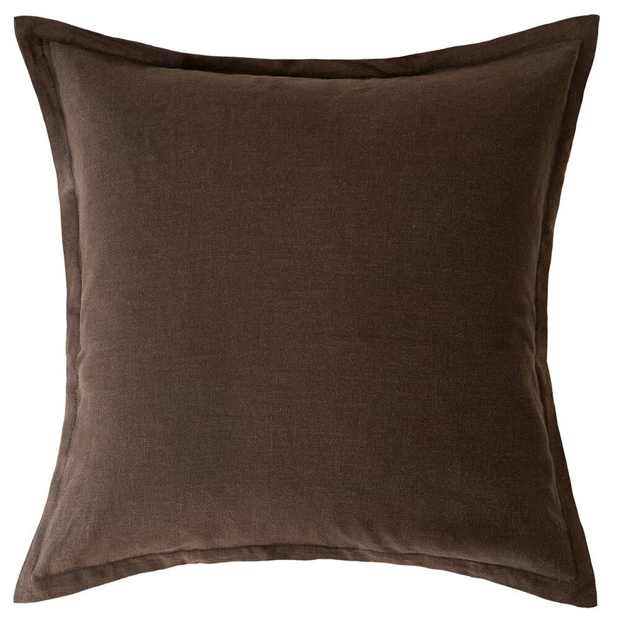 The Blair Chocolate Linen Cushion by Urban Road (50x50cm) features a simple design with a subtle border seam, adding tactile comfort and style to any space. Shown here in brown linen against a white background.