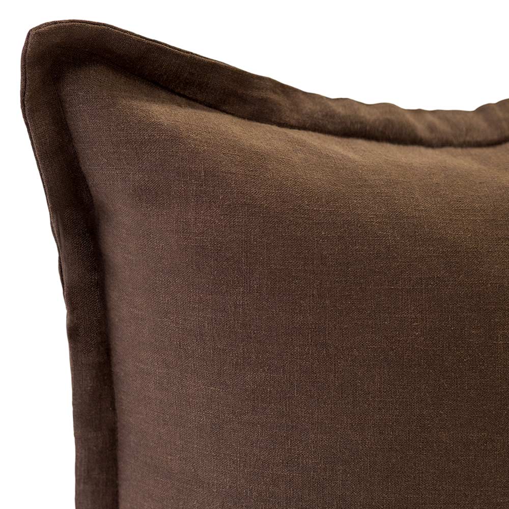 The Blair Chocolate Linen Cushion by Urban Road (50x50cm) features a simple design with a subtle border seam, adding tactile comfort and style to any space. Shown here in brown linen against a white background.