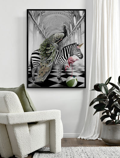A modern living room showcases Urban Road’s "In Wonderland" (Black Box Frame Canvas, 120x90, Portrait), artfully depicting a zebra with a peacock, a flamingo, and a green-striped ball on a checkered floor, styled with a white armchair and green pillow.
