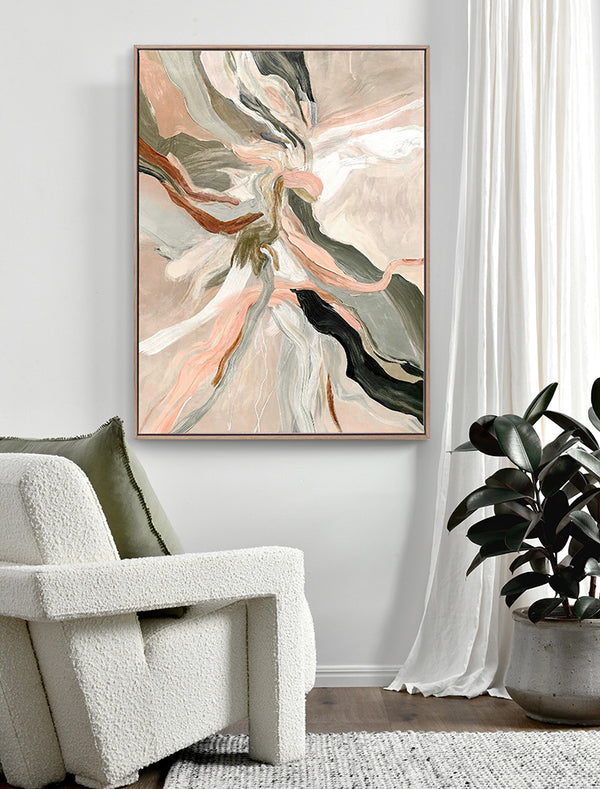 Urban Road’s Warm Memories I (90x120 Oak Box Frame Canvas, Dual Strung) features swirling beige, peach, olive, and white patterns. Hung above a textured armchair with a green pillow, it’s ideal for contemporary spaces with sheer curtains and plants.