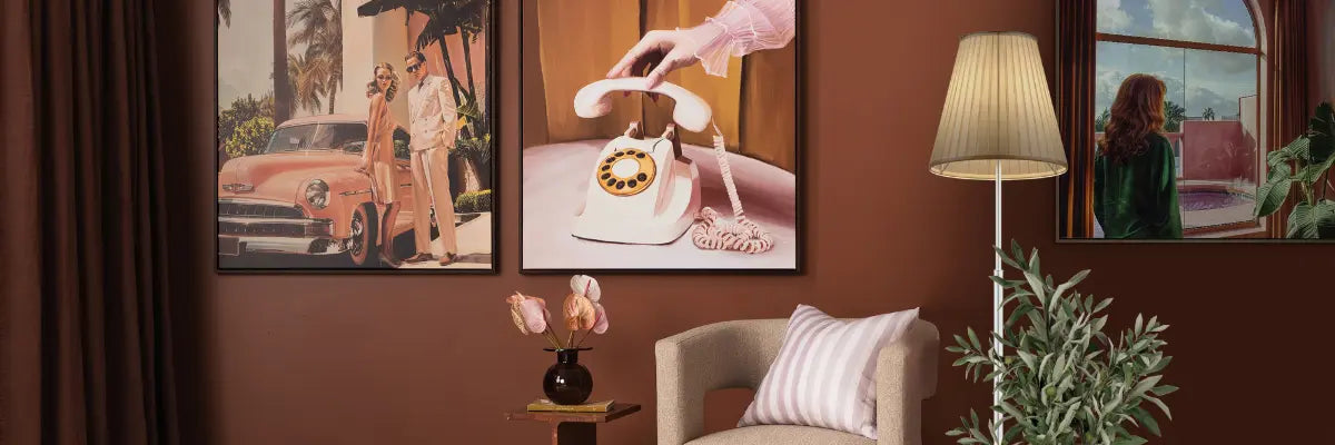 Luxurious living space styled with chic fashion-themed artwork depicting stylish scenes in rich, sophisticated colours.