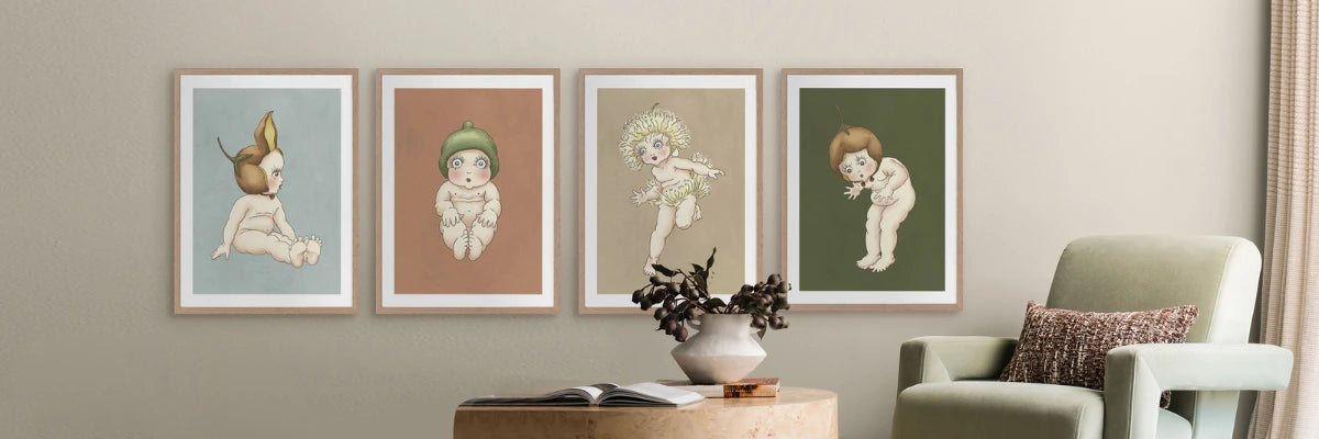 Inviting lounge room displaying premium paper prints featuring iconic May Gibbs characters in muted, relaxing tones.