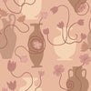Light pink wallpaper featuring Grecian-inspired vases, trailing floral stems, and delicate blush-toned blooms, from the Shatha collection with Urban Road.