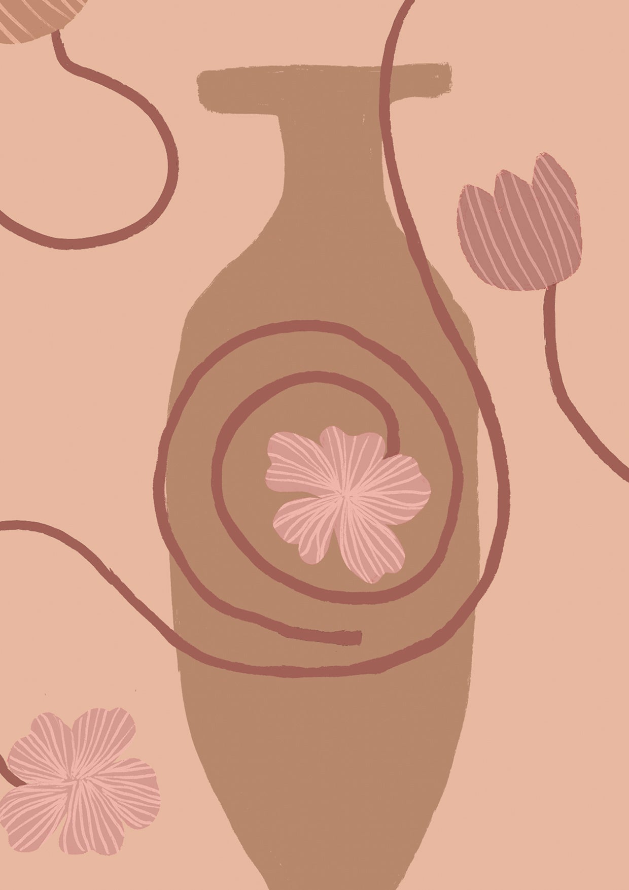 Light pink wallpaper featuring Grecian-inspired vases, trailing floral stems, and delicate blush-toned blooms, from the Shatha collection with Urban Road.