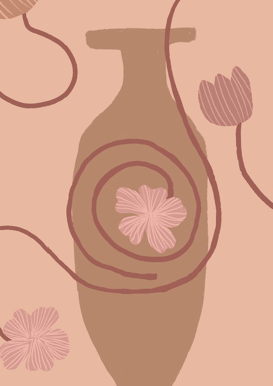 Light pink wallpaper featuring Grecian-inspired vases, trailing floral stems, and delicate blush-toned blooms, from the Shatha collection with Urban Road.