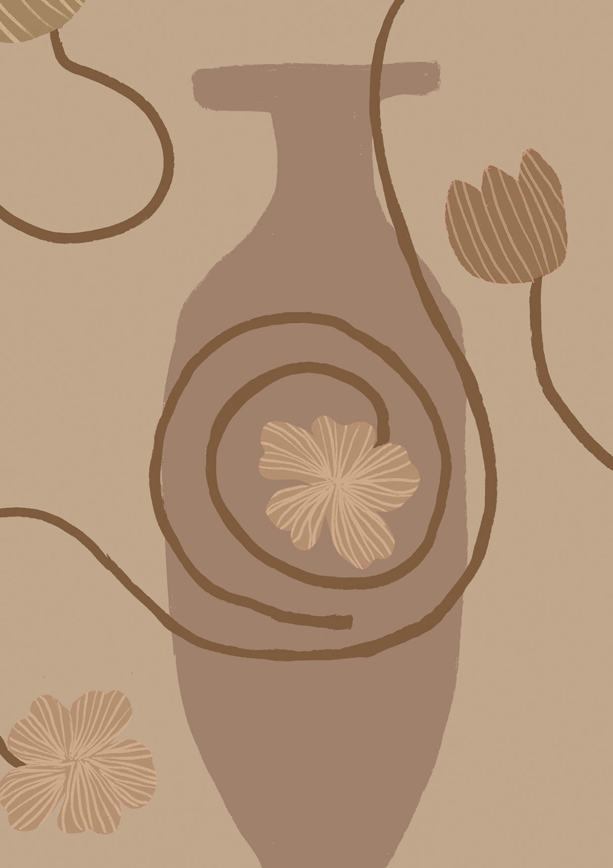 Neutral-toned wallpaper with soft beige amphora vases, flowing brown stems, and pale floral accents, from the Shatha collection with Urban Road.