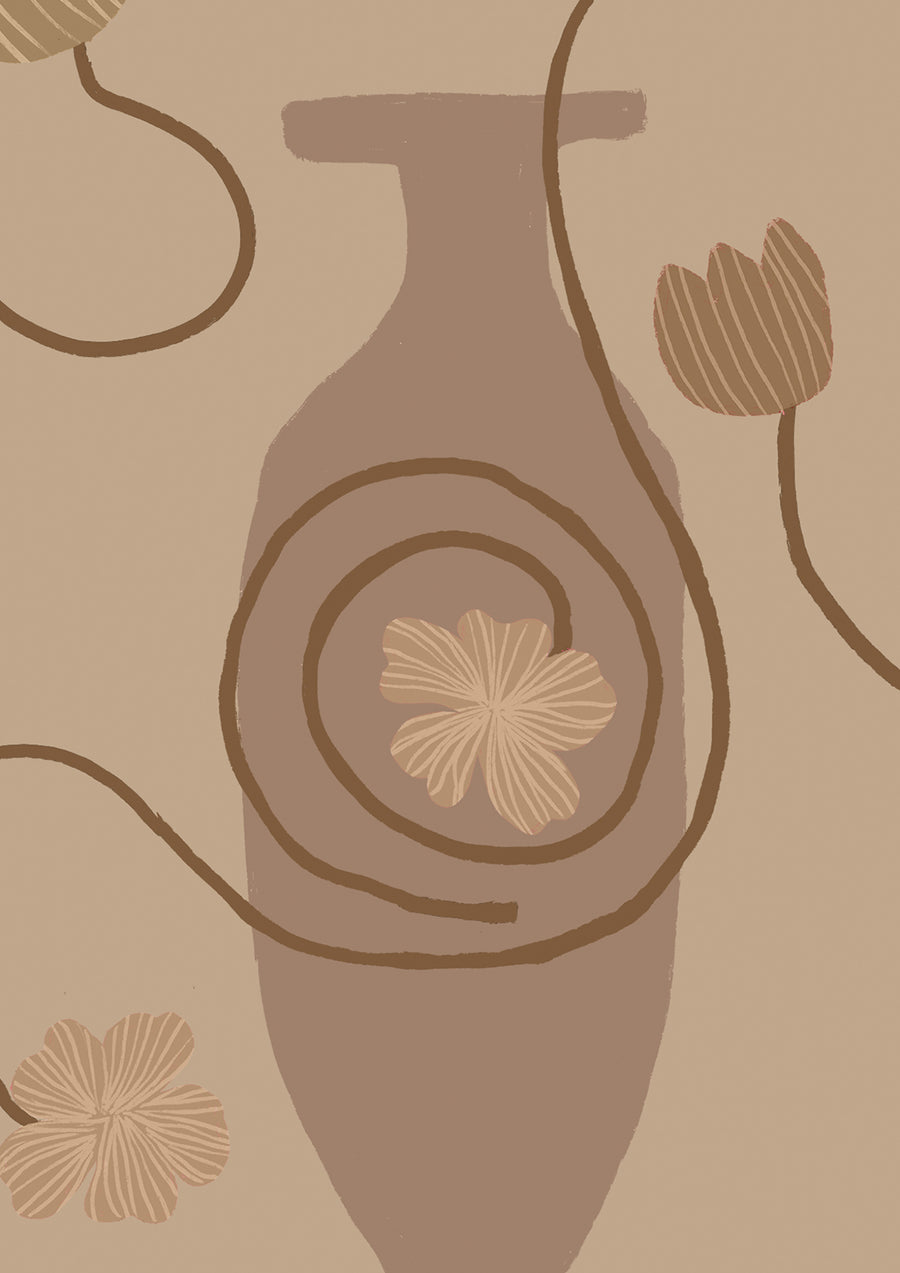 Neutral-toned wallpaper with soft beige amphora vases, flowing brown stems, and pale floral accents, from the Shatha collection with Urban Road.