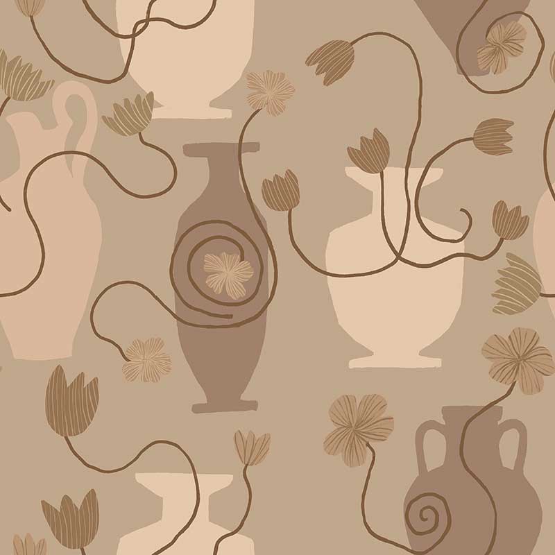 Neutral-toned wallpaper with soft beige amphora vases, flowing brown stems, and pale floral accents, from the Shatha collection with Urban Road.