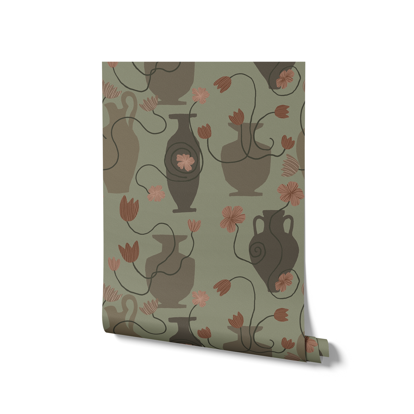 Sage green wallpaper with tonal vases and muted terracotta florals, featuring meandering dark stems, from the Shatha collection with Urban Road.