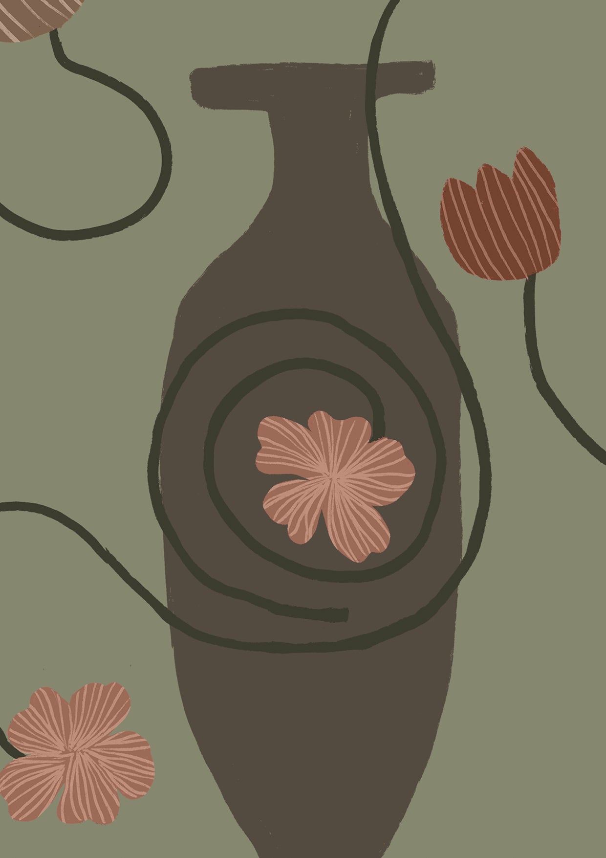 Sage green wallpaper with tonal vases and muted terracotta florals, featuring meandering dark stems, from the Shatha collection with Urban Road.