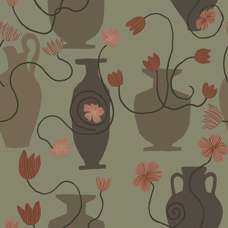Sage green wallpaper with tonal vases and muted terracotta florals, featuring meandering dark stems, from the Shatha collection with Urban Road.