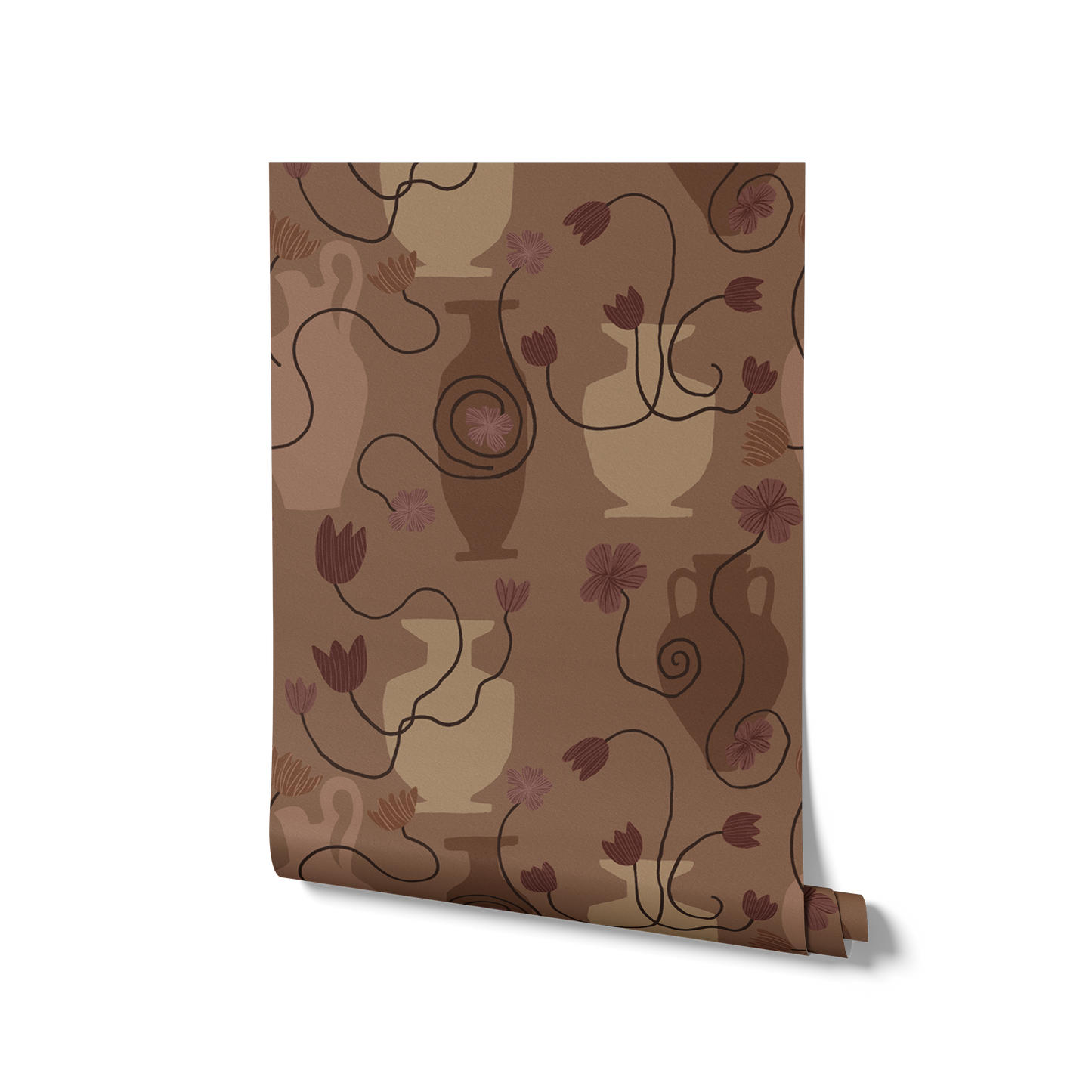 Deep brown wallpaper design with soft beige and rust vases, trailing plum-toned flowers, and moody undertones, from the Shatha collection with Urban Road.