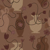 Deep brown wallpaper design with soft beige and rust vases, trailing plum-toned flowers, and moody undertones, from the Shatha collection with Urban Road.
