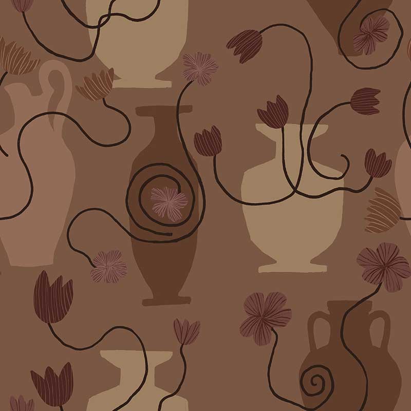 Deep brown wallpaper design with soft beige and rust vases, trailing plum-toned flowers, and moody undertones, from the Shatha collection with Urban Road.