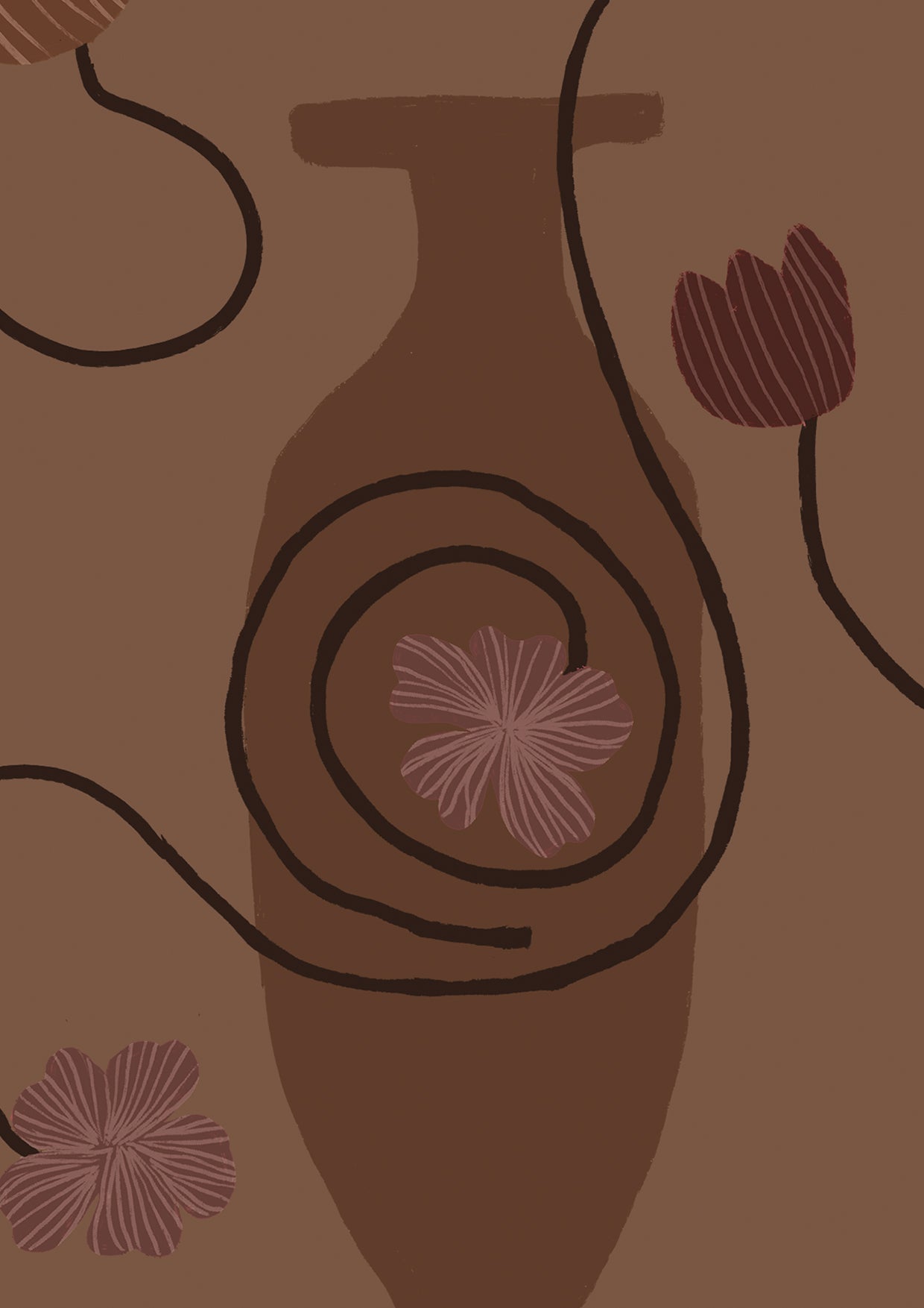 Deep brown wallpaper design with soft beige and rust vases, trailing plum-toned flowers, and moody undertones, from the Shatha collection with Urban Road.