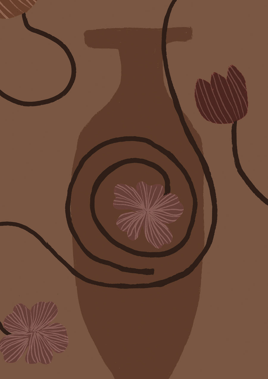 Deep brown wallpaper design with soft beige and rust vases, trailing plum-toned flowers, and moody undertones, from the Shatha collection with Urban Road.