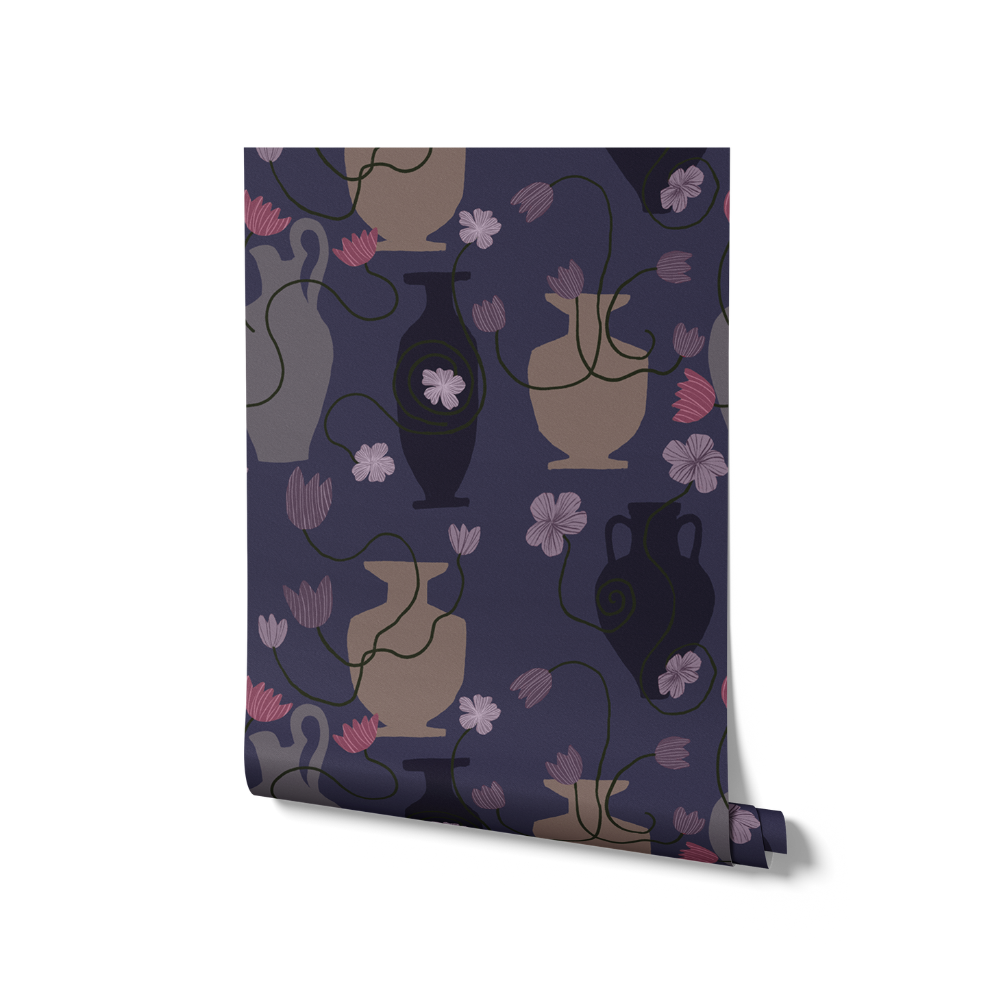 Striking navy wallpaper featuring pale and midnight vases with trailing green stems and soft lavender-pink flowers, from the Shatha collection with Urban Road.