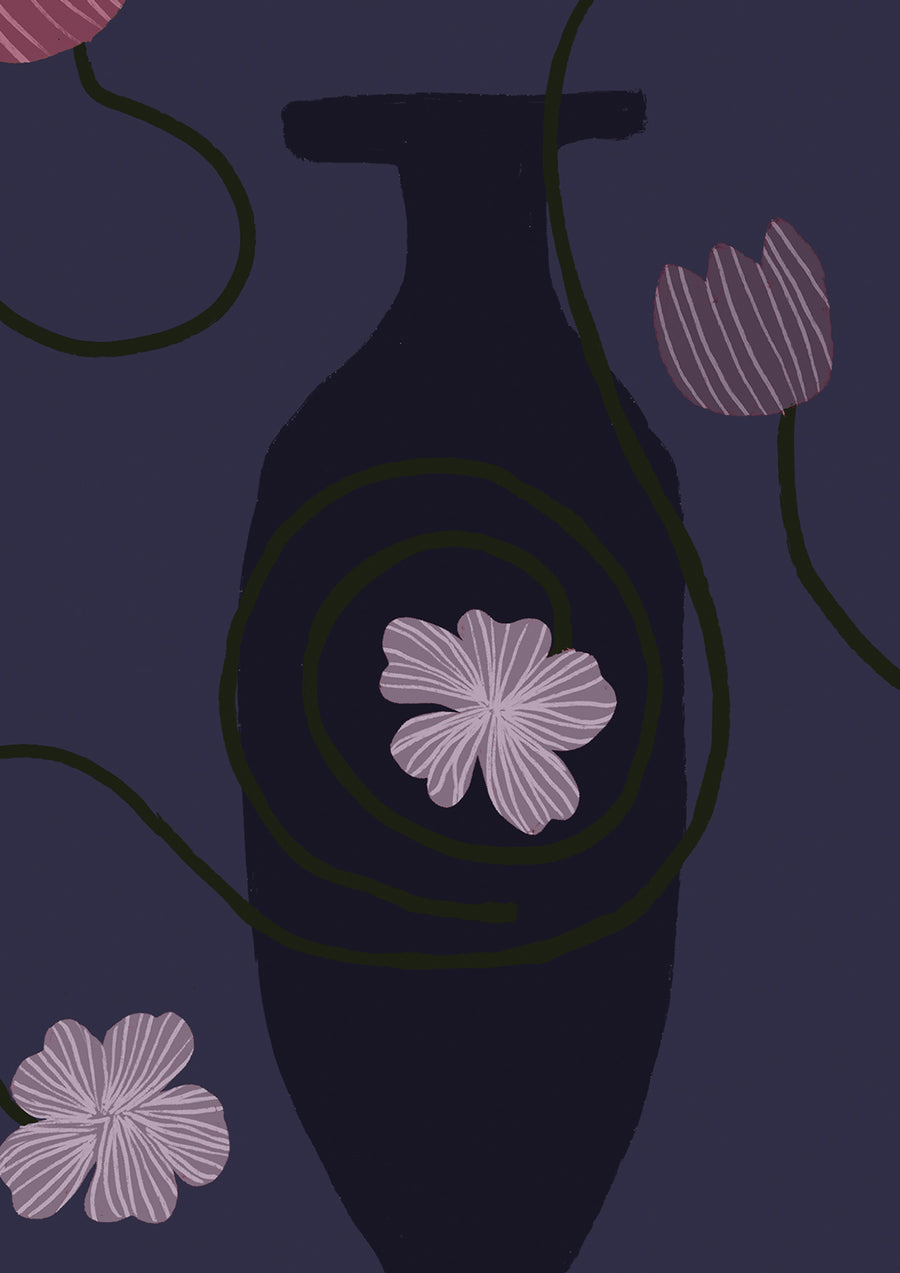 Striking navy wallpaper featuring pale and midnight vases with trailing green stems and soft lavender-pink flowers, from the Shatha collection with Urban Road.